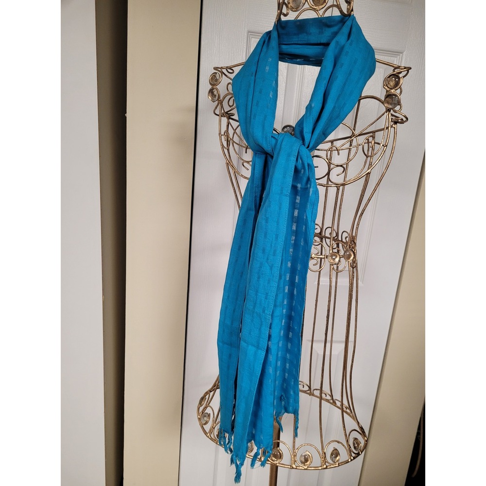 Turquoise Blue Womens Textured Grid Fringe‎ Tassel Lightweight Scarf Wrap 77x10 - Picture 2 of 3
